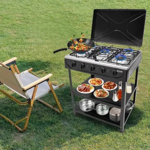 5-Burner Gas Stove with 2-Tier Storage Rack for Outdoor Cooking